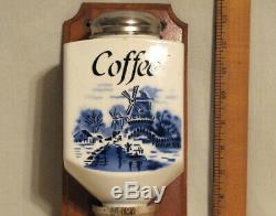 Antique German Porcelain Coffee Grinder Wall Mount Blue Dutch Windmill Ships