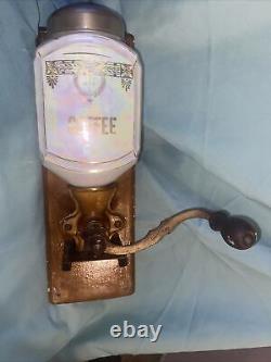 Antique German Wall Mount Lusterware Porcelain Coffee Grinder With Cap