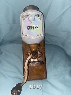 Antique German Wall Mount Lusterware Porcelain Coffee Grinder With Cap