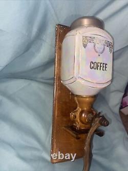 Antique German Wall Mount Lusterware Porcelain Coffee Grinder With Cap