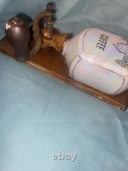 Antique German Wall Mount Lusterware Porcelain Coffee Grinder With Cap