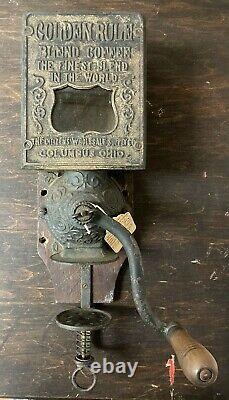 Antique Golden Rule Coffee Grinder Advertising Cast Iron Wall Mounted Wood