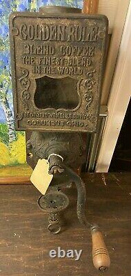 Antique Golden Rule Coffee Grinder Advertising Cast Iron Wall Mounted Wood