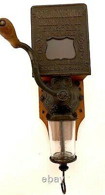 Antique Golden Rule coffee grinder wood cast iron Columbus Ohio and Glass