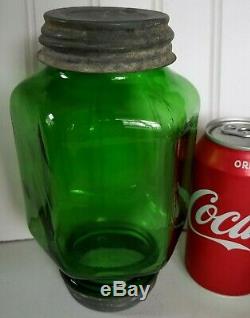 Antique Green Glass Jar Coffee Grinder Hopper Double End Bottle Zinc'A'Mason Lid