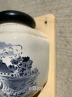 Antique HT Coffee Grinder Mill Hand Cranked Porcelain with Glass Cup Wooden Lid