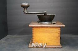 Antique Hand Crank Cast Iron Coffee Grinder Original Wood Box Mill Vintage Old