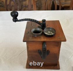 Antique Handcrafted Wooden Coffee Grinder With Black Handle