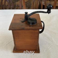 Antique Handcrafted Wooden Coffee Grinder With Black Handle