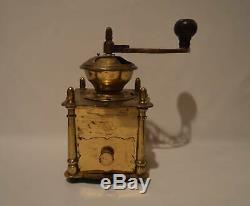 Antique Heavy Brass Coffee Mill Grinder Wood Knob & Box