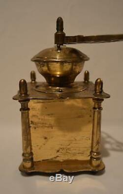 Antique Heavy Brass Coffee Mill Grinder Wood Knob & Box