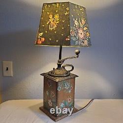 Antique Leviton Lamp Handpainted Folk Art Cast Iron Coffee Grinder Wood Base 24