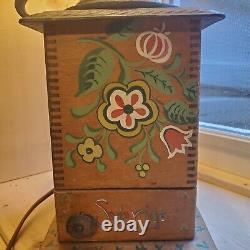 Antique Leviton Lamp Handpainted Folk Art Cast Iron Coffee Grinder Wood Base 24