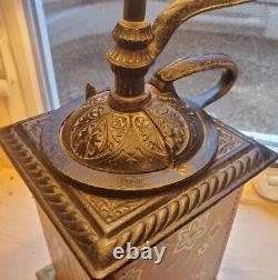 Antique Leviton Lamp Handpainted Folk Art Cast Iron Coffee Grinder Wood Base 24