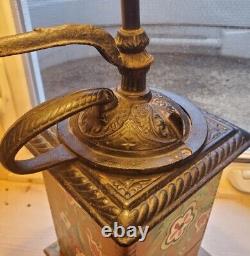 Antique Leviton Lamp Handpainted Folk Art Cast Iron Coffee Grinder Wood Base 24