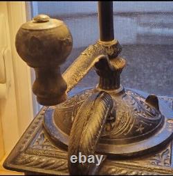 Antique Leviton Lamp Handpainted Folk Art Cast Iron Coffee Grinder Wood Base 24