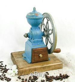 Antique MJF PATENTADO Coffee Grinder Mill Cast-Iron Moulin Molinillo cafe BLUE