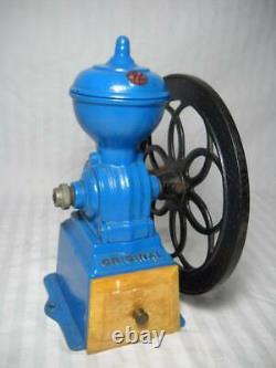 Antique MJF Patentado Cast Iron One Wheel Coffee Grinder Made in Spain Blue