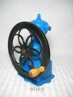Antique MJF Patentado Cast Iron One Wheel Coffee Grinder Made in Spain Blue