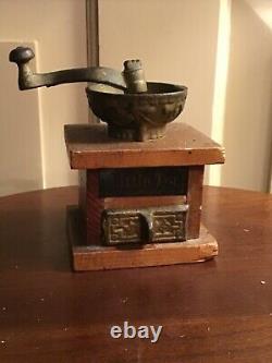 Antique Miniature Toy Salesman Sample Coffee Grinder Little Tot Cast Iron Wood