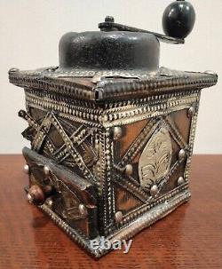 Antique Original Moroccan Wooden Coffee Grinder with Drawer and Hand Crank