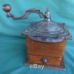 Antique Ornate & Heavy Wooden & Cast Iron Coffee Grinder Primitive Country