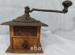 Antique Parker National Coffee Mill Model 402 Wood Box Hand Crank W. Geared Lid