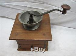 Antique Pewter Top Coffee Lap Grinder Burr Mill Kitchen Tool Dovetailed Box