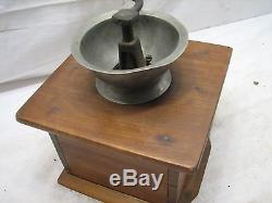 Antique Pewter Top Coffee Lap Grinder Burr Mill Kitchen Tool Dovetailed Box