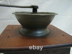 Antique Pewter Top Coffee Lap Grinder Burr Mill Wood Dovetailed Box