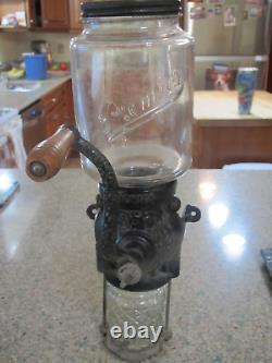 Antique Premier patent 1905, wall mount, hand crank w wood handle coffee grinder
