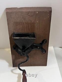 Antique Primitive Cast Iron B. Swift Coffee Grinder Mounted Wood Plank Tin Lid