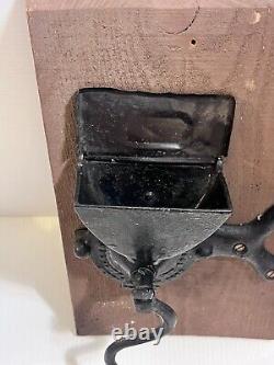 Antique Primitive Cast Iron B. Swift Coffee Grinder Mounted Wood Plank Tin Lid