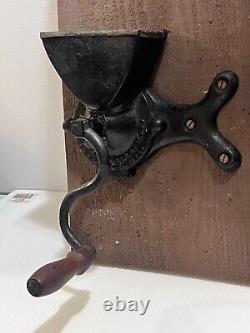 Antique Primitive Cast Iron B. Swift Coffee Grinder Mounted Wood Plank Tin Lid