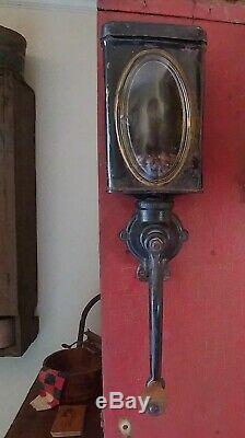 Antique Primitive Cast Iron Black Glass Tin Wood Wall Mount Coffee Grinder AAFA