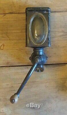 Antique Primitive Cast Iron Black Glass Tin Wood Wall Mount Coffee Grinder AAFA