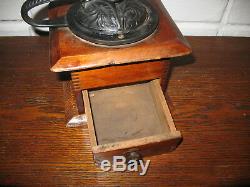 Antique Primitive Coffee Grinder Mahogany Wood Box Fancy Cast Iron Cir. 1890