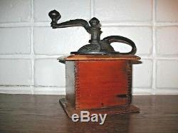 Antique Primitive Coffee Grinder Mahogany Wood Box Fancy Cast Iron Cir. 1890