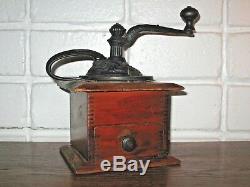 Antique Primitive Coffee Grinder Mahogany Wood Box Fancy Cast Iron Cir. 1890