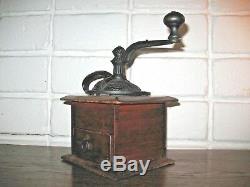 Antique Primitive Coffee Grinder Mahogany Wood Box Fancy Cast Iron Cir. 1890
