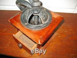 Antique Primitive Coffee Grinder Mahogany Wood Box Fancy Cast Iron Cir. 1890