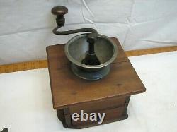 Antique Primitive Pewter Top Coffee Lap Grinder Burr Mill Wood Dovetailed Box