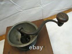 Antique Primitive Pewter Top Coffee Lap Grinder Burr Mill Wood Dovetailed Box