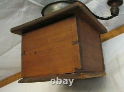 Antique Primitive Pewter Top Coffee Lap Grinder Burr Mill Wood Dovetailed Box