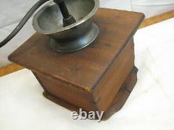 Antique Primitive Pewter Top Coffee Lap Grinder Burr Mill Wood Dovetailed Box