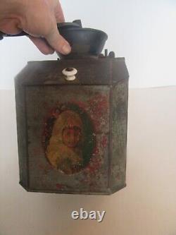 Antique Primitive Tin Litho Green Paint Store Counter Coffee Bin & Grinder Mill