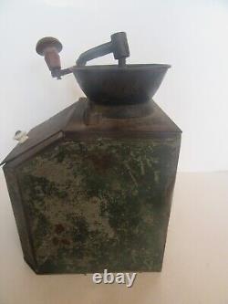 Antique Primitive Tin Litho Green Paint Store Counter Coffee Bin & Grinder Mill