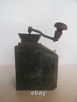 Antique Primitive Tin Litho Green Paint Store Counter Coffee Bin & Grinder Mill