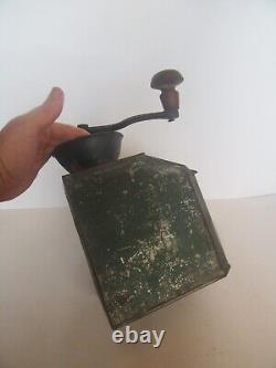 Antique Primitive Tin Litho Green Paint Store Counter Coffee Bin & Grinder Mill