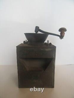 Antique Primitive Tin Litho Green Paint Store Counter Coffee Bin & Grinder Mill